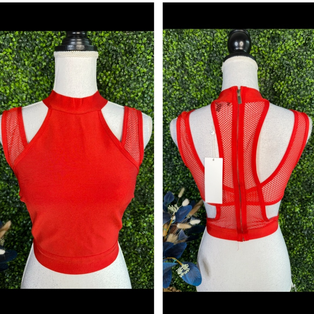 Nwt WOW Couture Red Mesh bandage material cut out Tank Top